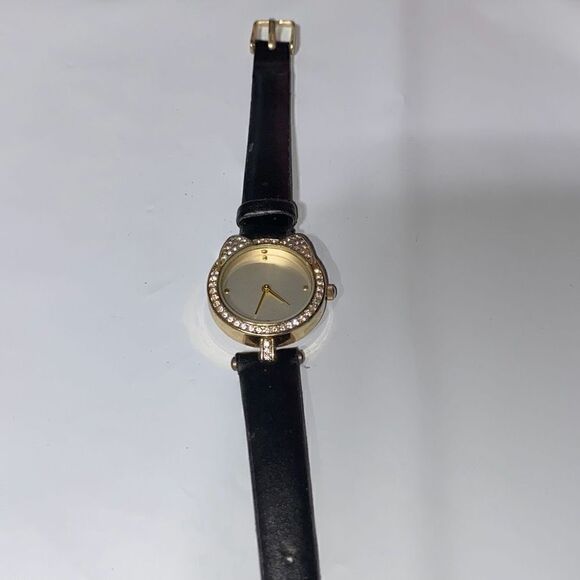 Jessica Carlyle Women's Gold Tone Black Band Cat Rhinestone Bezel Quartz Watch - Picture 5 of 12